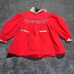 VTG Polly Flinders Red Smocked Dress Girls 12M Lace Collar Long Sleeve Pockets